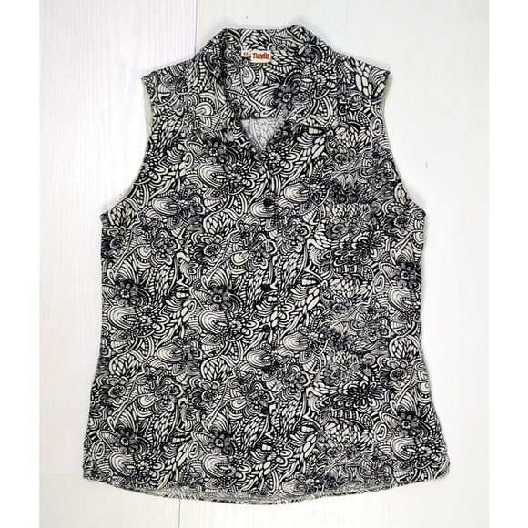 Tianello Womens XS Button Up Sleeveless Top Floral Black White Tencel Blouse - Picture 2 of 13